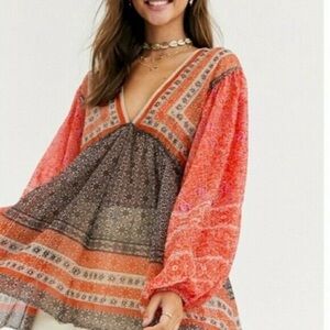 Free People | Orange Aliyah Printed Sheer Long Sleeve Top